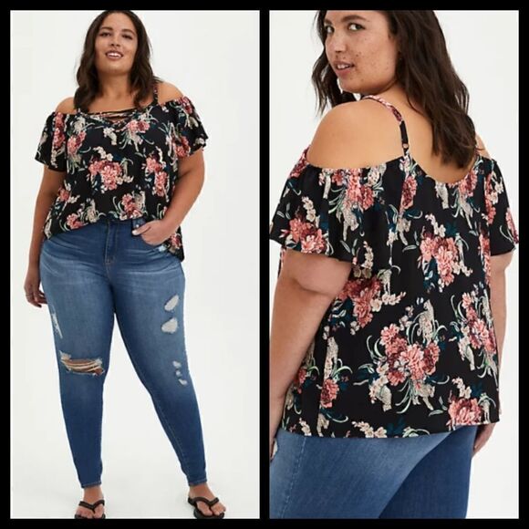 4X 26W Black Lace Up Cold Shoulder Blouse Torrid Georgette Floral Cheetah Woven - Picture 1 of 9